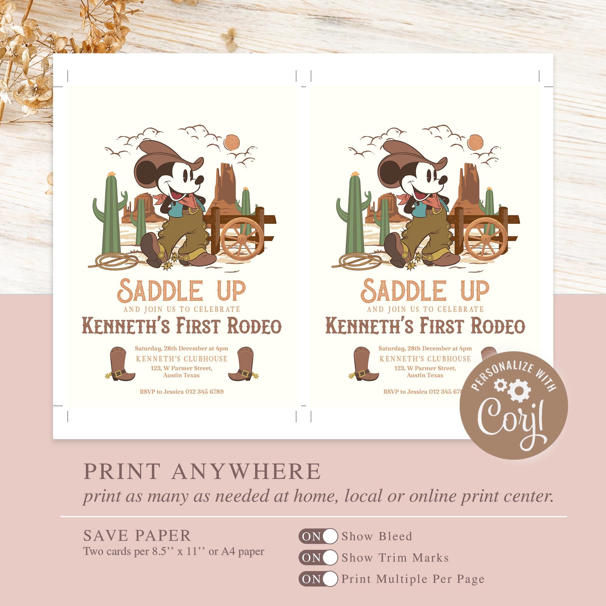 Mickey First Rodeo Birthday Invitation, Mickey Cowboy Birthday ...
