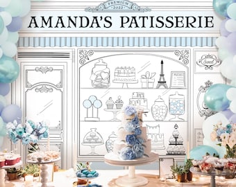 May include: A white cake decorated with blue flowers sits on a white cake stand in front of a backdrop depicting a bakery storefront. The bakery storefront is decorated with black and white drawings of pastries, cakes, and other bakery items. The backdrop also includes the text "Amanda's Patisserie - 2022 - Premium".