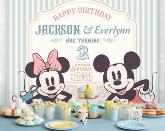 Editable Mickey & Minnie Twins Birthday Backdrop, Mickey and Minnie Birthday, Disney Party, Digital File