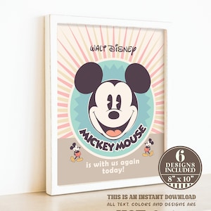 Puede incluir: Un dise&ntilde;o imprimible de estilo vintage con Mickey Mouse con el texto "Waly Disney Mickey Mouse is with us again today!" y "6 Designs Included 8" x 10" Esta es una descarga instant&aacute;nea. Todo el texto, los colores y los dise&ntilde;os NO son editables."