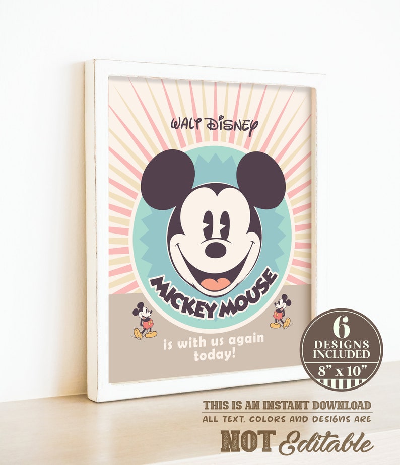 Puede incluir: Un dise&ntilde;o imprimible de estilo vintage con Mickey Mouse con el texto "Waly Disney Mickey Mouse is with us again today!" y "6 Designs Included 8" x 10" Esta es una descarga instant&aacute;nea. Todo el texto, los colores y los dise&ntilde;os NO son editables."