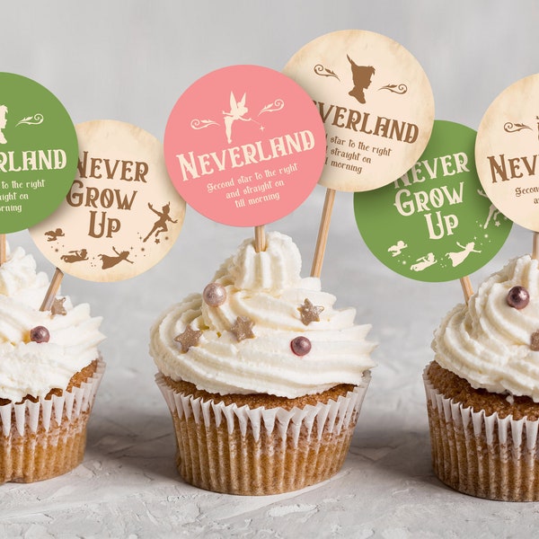Printable Neverland Tags, Cupcake Toppers, Peter Pan Birthday Party Decoration, Tinker Bell Party, Neverland Baby Shower, Digital file
