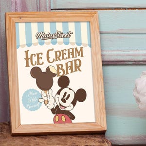 May include: Wooden framed sign with the text "Main Street Ice Cream Bar" and an illustration of Mickey Mouse holding an ice cream bar. The sign has a light blue and white striped background and a light blue circle with the text "Please Help Yourself".
