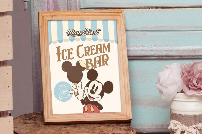 May include: Wooden framed sign with the text "Main Street Ice Cream Bar" and an illustration of Mickey Mouse holding an ice cream bar. The sign has a light blue and white striped background and a light blue circle with the text "Please Help Yourself".
