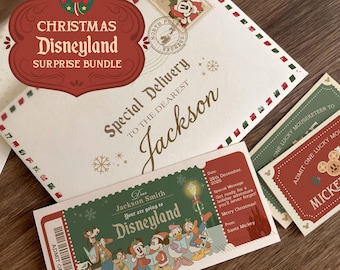May include: A Christmas Disneyland surprise bundle featuring a white envelope with red and green border markings, a North Pole postmark, and a Mickey Mouse stamp. Included are rectangular tickets with illustrations of Disney characters.