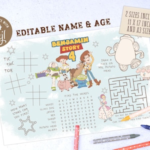 May include: A light blue Toy Story themed activity sheet with the text "Benjamin Story 4". Includes tic-tac-toe, a maze, word search, and drawing activities. The sheet also includes the text "Editable Name & Age".