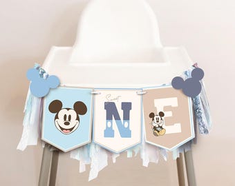 Afdrukbare Mickey 1e verjaardag kinderstoel banner banner, gelukkigste verjaardag op aarde feestdecoratie, Mickey-feestje, digitaal bestand