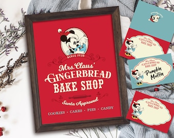 May include: A red and white sign with a vintage design featuring Mickey Mouse and Minnie Mouse. The sign reads "Mrs. Claus' Gingerbread Bake Shop" with the text "Since 1928" and "Santa Approved" below. The sign also includes the text "Cookies, Cakes, Pies, Candy".