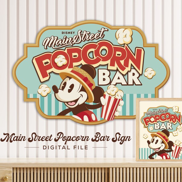 Mickey Popcorn Bar Sign, Main Street Popcorn, Mickey Verjaardag, Disneyland Party Decoratie, Digitaal bestand