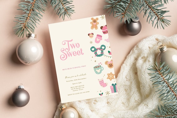 Minnie Christmas Two Sweet Birthday Invitation, Christmas Party Invitation, Girl Christmas Birthday, Digital, Printable