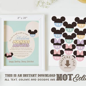 May include: An 8x10 inch printable sign with a light blue background and a pink, yellow, and white border. The sign says "Hidden Mickeys & Minnies" and has a picture of Mickey Mouse and Minnie Mouse. The sign also says "Happy Hunting, Disney Detectives!" and has a digital file download icon.
