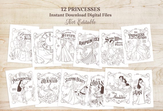 Printable Princess Coloring Pages, Disneyland Party Activity, Cinderella, Snow White, Ariel, Aurora, Rapunzel, Tiana, Frozen, Digital file