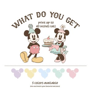 May include: Mickey and Minnie Mouse dressed in party attire, holding a cake and balloons. The text "WHAT DO YOU GET print up to 40 inches tall" is above them.  Five balloons in different colors are shown below the text "5 colors available (mix and match your favourite balloons)".