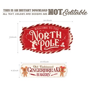 May include: Two vintage-style Christmas signs. The top sign is red with white stripes and says "Welcome to the North Pole" with a Mickey Mouse character. The bottom sign is white with red lettering and says "Old Fashioned Gingerbread Bakery" with a Minnie Mouse character.