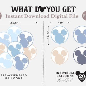 May include: A digital download of printable Mickey Mouse balloon designs. The image shows two versions of the design: a pre-assembled cluster of 10 balloons measuring 26.5 inches in diameter and 26 inches tall, and three individual balloons measuring 10 inches in diameter. The balloons are in shades of blue and beige.