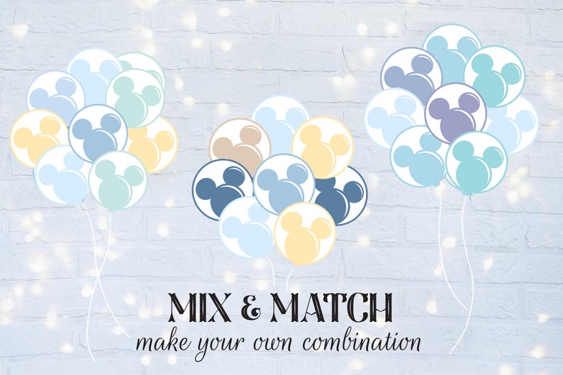 May include: A set of blue, yellow and brown balloons with Mickey Mouse ears. The balloons are arranged in a cluster and have a white background. The text "Mix & Match make your own combination" is written below the balloons.