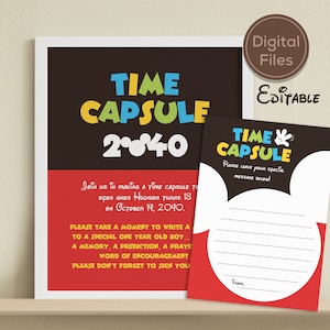May include: A printable time capsule invitation featuring a Mickey Mouse theme. The invitation is red and black with colourful text that reads "Time Capsule 2040". The invitation includes instructions for guests to write a message for the recipient to open when they turn 18.