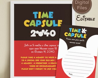 Editable Mickey Clubhouse Party Time Capsule, Mickey Birthday, Baby Shower Party Decor, Printable, Digital file