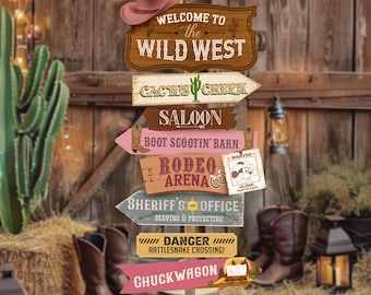 May include: A set of wooden signs with a Wild West theme. The signs are decorated with a cowboy hat, cacti, and other Western imagery. The signs read: Welcome to the Wild West, Cactus Creek, Saloon, Boot Scootin' Barn, Rodeo Arena, Sheriff's Office, Danger Rattlesnake Crossing!, and Chuckwagon.