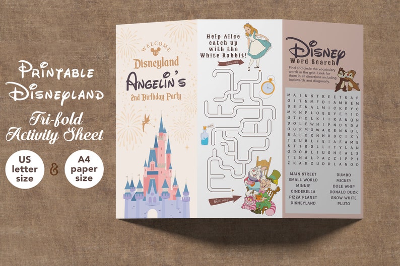 May include: A printable Disneyland tri-fold activity sheet for a 2nd birthday party. The sheet includes a maze, word search, and a castle graphic. The sheet is available in US letter and A4 paper sizes.