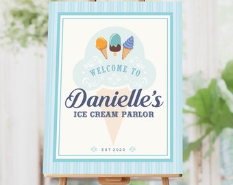 May include: A blue and white striped sign with an ice cream cone graphic and the text "Welcome to Danielle's Ice Cream Parlor Est 2020".