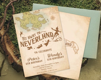 Peter Pan Siblings Birthday Invitation, Neverland Birthday Invitation, Never Grow Up Party, Lost Boys, Digital, Printable