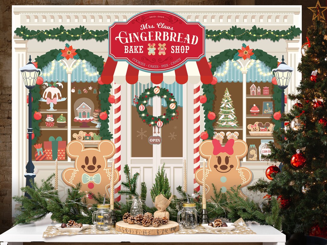 Editable Mickey & Minnie Gingerbread Bake Shop Backdrop, Mrs. Claus ...