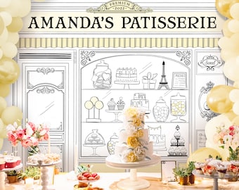 May include: A white cake with yellow and white flowers sits on a white cake stand in front of a black and white illustration of a bakery storefront. The storefront says "Amanda's Patisserie" and has a sign that says "Sweet".
