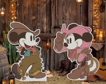 Utskrivbar Cowboy Mickey & Cowgirl Minnie Cutout, Rodeo födelsedagsfest ståupppropp, Mickey babyshowerfestdekoration, digital fil