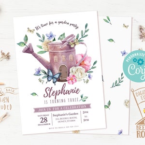 May include: A printable invitation for a garden party with a watercolor illustration of a purple watering can with a house on it, surrounded by flowers and butterflies. The text on the invitation reads "It's time for a garden party", "Stephanie is turning three", "Join us for a celebration", "Saturday, December 28", "Stephanie's Garden", "210, Beebee Room, Honey, ST18804", "2PM", "10", "5PM", "RSVP to Bella 310-520-1314".