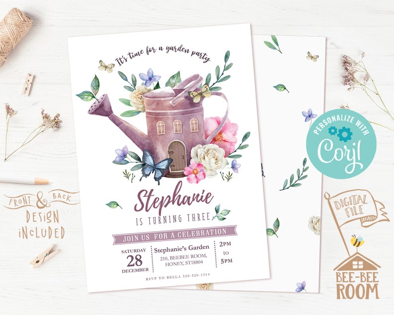 May include: A printable invitation for a garden party with a watercolor illustration of a purple watering can with a house on it, surrounded by flowers and butterflies. The text on the invitation reads "It's time for a garden party", "Stephanie is turning three", "Join us for a celebration", "Saturday, December 28", "Stephanie's Garden", "210, Beebee Room, Honey, ST18804", "2PM", "10", "5PM", "RSVP to Bella 310-520-1314".