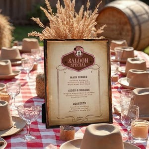 Wydrukuj specjalne menu Minnie Saloon, urodziny Minnie Cowgirl Rodeo, dekoracje na imprezę Wild West, plik cyfrowy