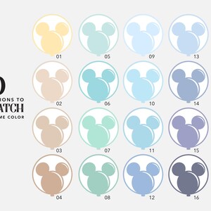 May include: Twenty different colour variations of a Mickey Mouse head balloon design. The balloons are in shades of yellow, blue, and green.
