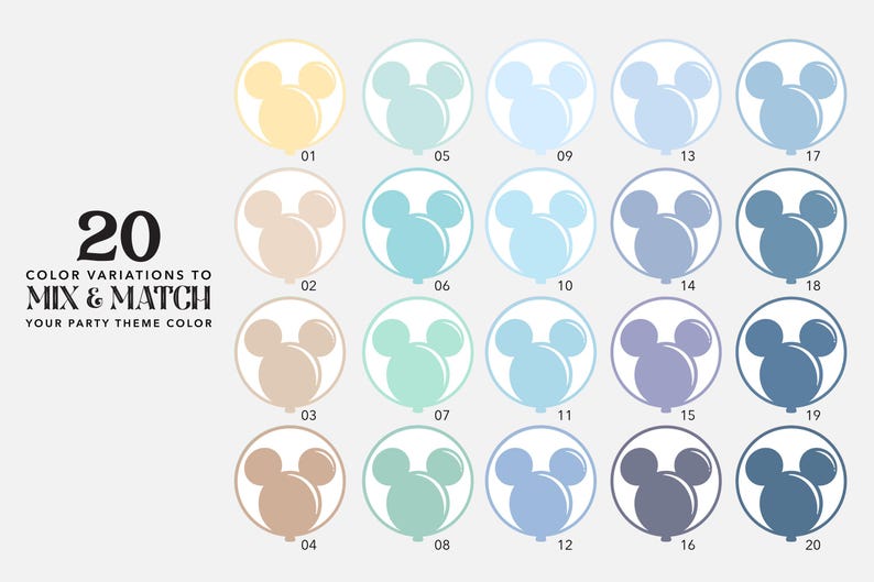 May include: Twenty different colour variations of a Mickey Mouse head balloon design. The balloons are in shades of yellow, blue, and green.