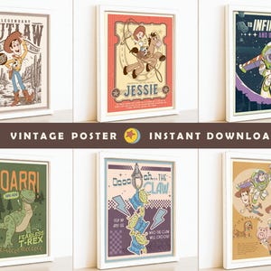Puede incluir: Un conjunto de carteles enmarcados de estilo vintage con personajes de una popular película de animación. Los carteles tienen un aspecto envejecido e incluyen textos como "Legendary Outlaw" y "To Infinity and Beyond."
