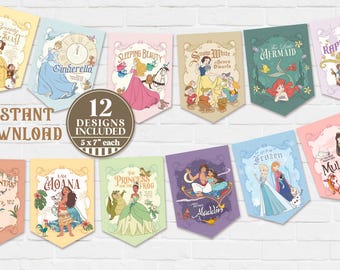 May include: A collection of 12 printable banner designs, each 5 x 7 inches, featuring illustrations from classic fairy tales like Cinderella, Snow White, and The Little Mermaid. The banners are in various pastel colors and include the text "Instant Download".