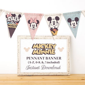 Printable Mickey & Minnie Pennant Banner, Blue and Pink Triangle Banner, Mickey Birthday Party Decoration, Minnie Party, Digital file