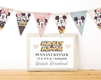 Printable Mickey & Minnie Pennant Banner, Blue and Pink Triangle Banner, Mickey Birthday Party Decoration, Minnie Party, Digital file