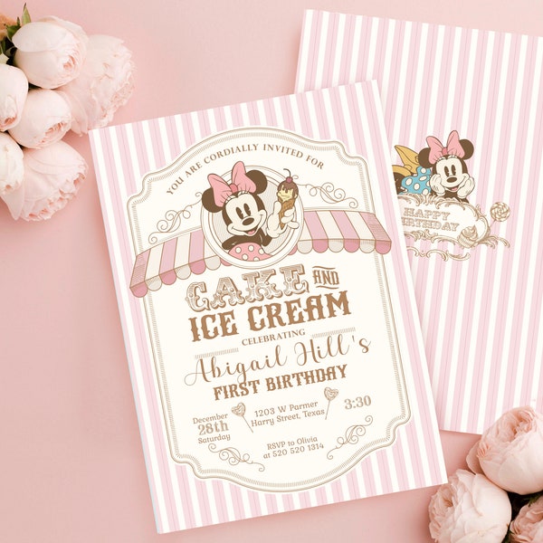 Vintage Minnie Birthday Invitation, Disneyland Birthday Invitation, Ice Cream Birthday, Invitation, Digital, Printable