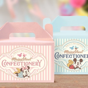 Afdrukbaar Mickey & Minnie zoetwaren Gable Box-label, Main Street Sweet Store Favors-label, Mickey-verjaardag, Minnie-babyshower, digitaal