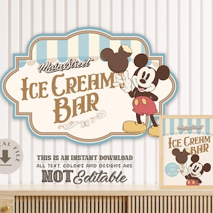 May include: A vintage-style sign and framed print featuring Mickey Mouse holding an ice cream bar. The sign reads "Main Street Ice Cream Bar" in brown lettering with a blue and cream striped border. The framed print mirrors the sign's design.