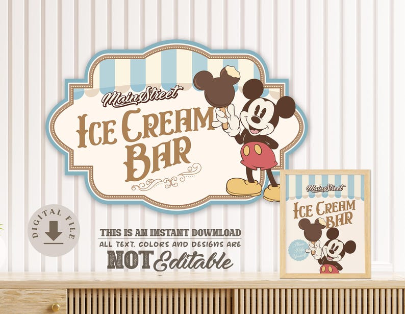May include: A vintage-style sign and framed print featuring Mickey Mouse holding an ice cream bar. The sign reads "Main Street Ice Cream Bar" in brown lettering with a blue and cream striped border. The framed print mirrors the sign's design.