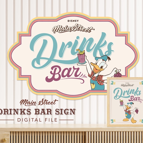 Donald Duck Drinks Bar Sign, Mainstreet Party, Mickey Birthday, Minnie Baby Shower, Disneyland Party Decoration, Digital file