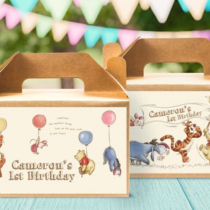 Afdrukbaar Winnie de Pooh-verjaardagslabel geveldoos, honderd hectare hout partij gunstdoos sticker, Pooh Bear babyshower, digitaal