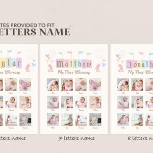 May include: Three printable templates for a baby's first birthday photo collage. Each template features a pastel colored banner with the words "My First Birthday" and a different name: Skylar, Matthew, and Jonathan. Each template has 16 photo spaces.