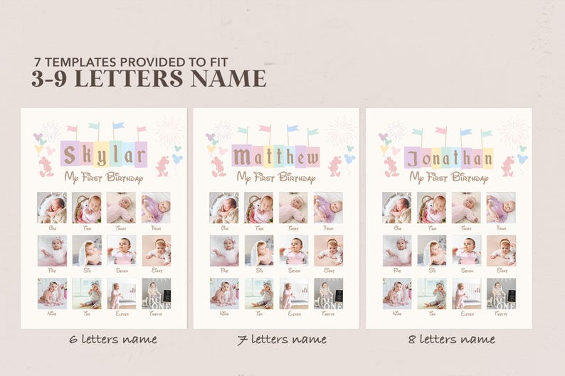 May include: Three printable templates for a baby's first birthday photo collage. Each template features a pastel colored banner with the words "My First Birthday" and a different name: Skylar, Matthew, and Jonathan. Each template has 16 photo spaces.