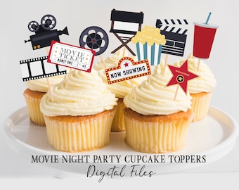 Printable Movie Party Cupcake Toppers, Movie Night Birthday, Home Theater Party Decoration, Digital file