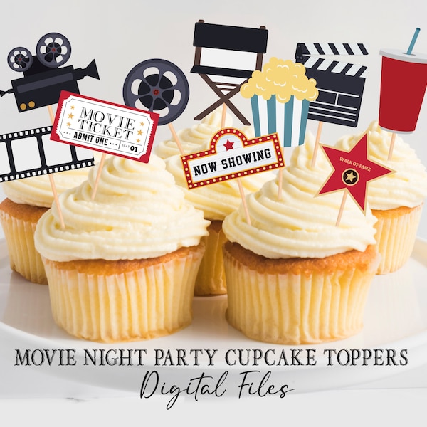 Printable Movie Party Cupcake Toppers, Movie Night Geburtstag, Heimkino Party Dekoration, digitale Datei