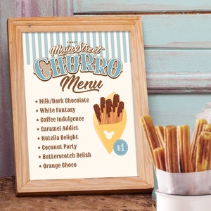 Menu de churros personalizados do Mickey para impressão, aniversário do Mickey, aniversário da Minnie, menu do bar de churros da rua principal, festa da Disneylândia, arquivo digital