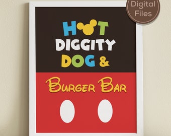 Printable Mickey Clubhouse Party Sign, Mickey Birthday, Baby Shower Party Decor, Hot Diggity Dog & Burger Bar, Digital file